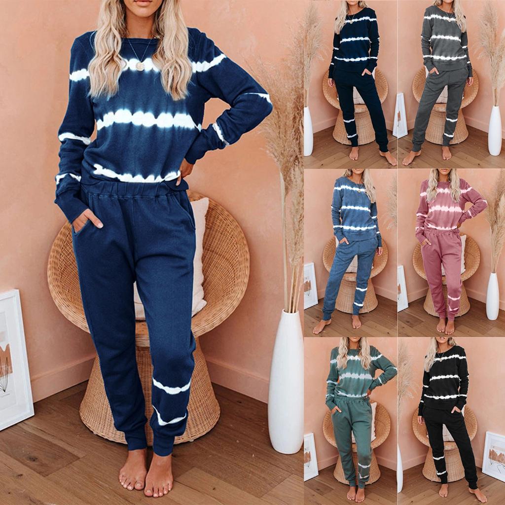 Women's Fashion Long Sleeve Casual Tie-dye Printed Stripe Suit Two-piece Home Pajamas
