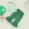 Улица. День святого Патрика для маленьких девочек, укороченный топ с открытой спиной и принтом четырехлистного клевера на бретельках и брюки-клеш, комплект из 2 предметов, одежда на 1-5 лет