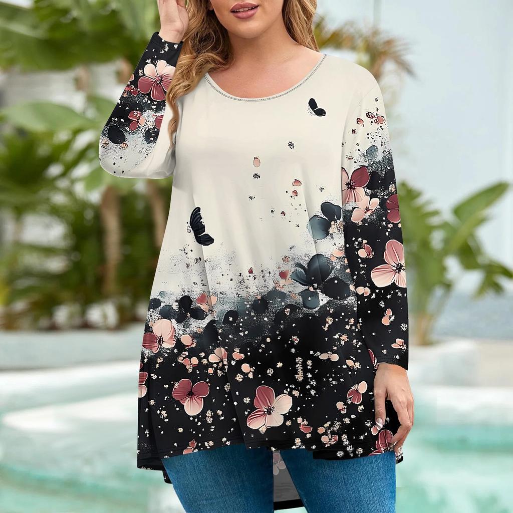 Женская мода большого размера с круглым вырезом и длинным рукавом, повседневный свободный пуловер с принтом
