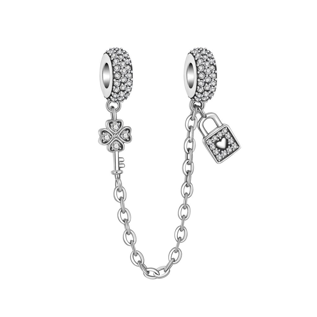 925 Silver Safety Chain Charm Bracelet Set Clover Lock Key Bear Peace Dove Fruit Decoration Beaded Fine Jewelry Gift