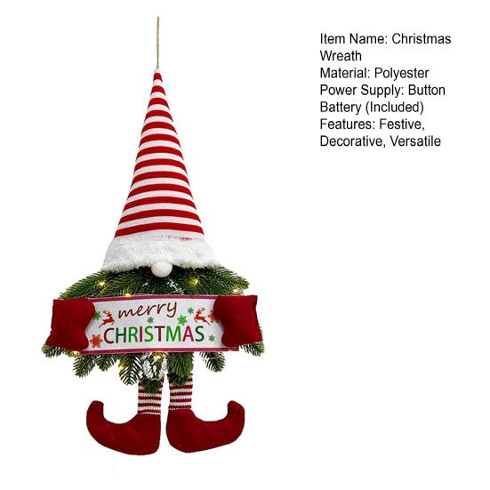 Рождественский венок Гном со светодиодными лампами Искусственный венок из сосновых иголок Подвесной карликовый орнамент спереди