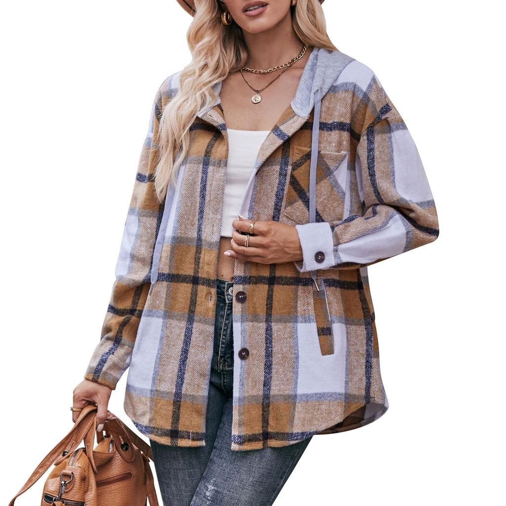 2024 New Autumn and Winter Fashion Simple Casual Hooded Plaid Shirt Loose and Comfortable Commuting Medium Length Women's Coat