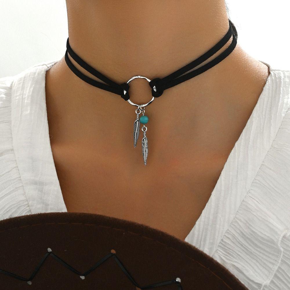 Ethnic Style Turquoise Stone Necklace Woven Rope Bohemian Necklace Trendy Leaf Tassel Choker  Gift