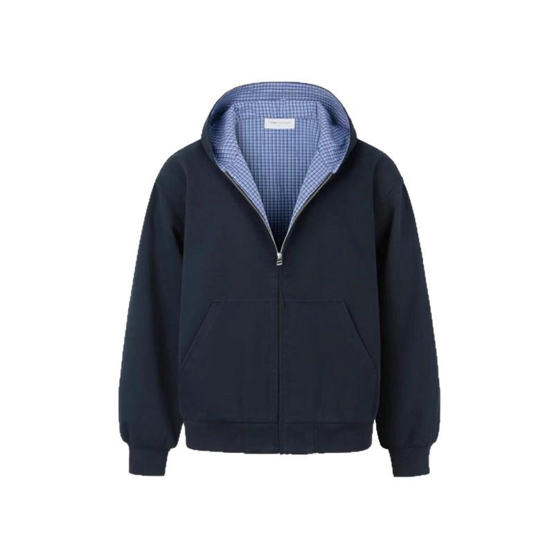 Unisex Gray Hooded Zip-Up Sweatshirt With Plaid Patchwork Design Loose Fit Streetwear