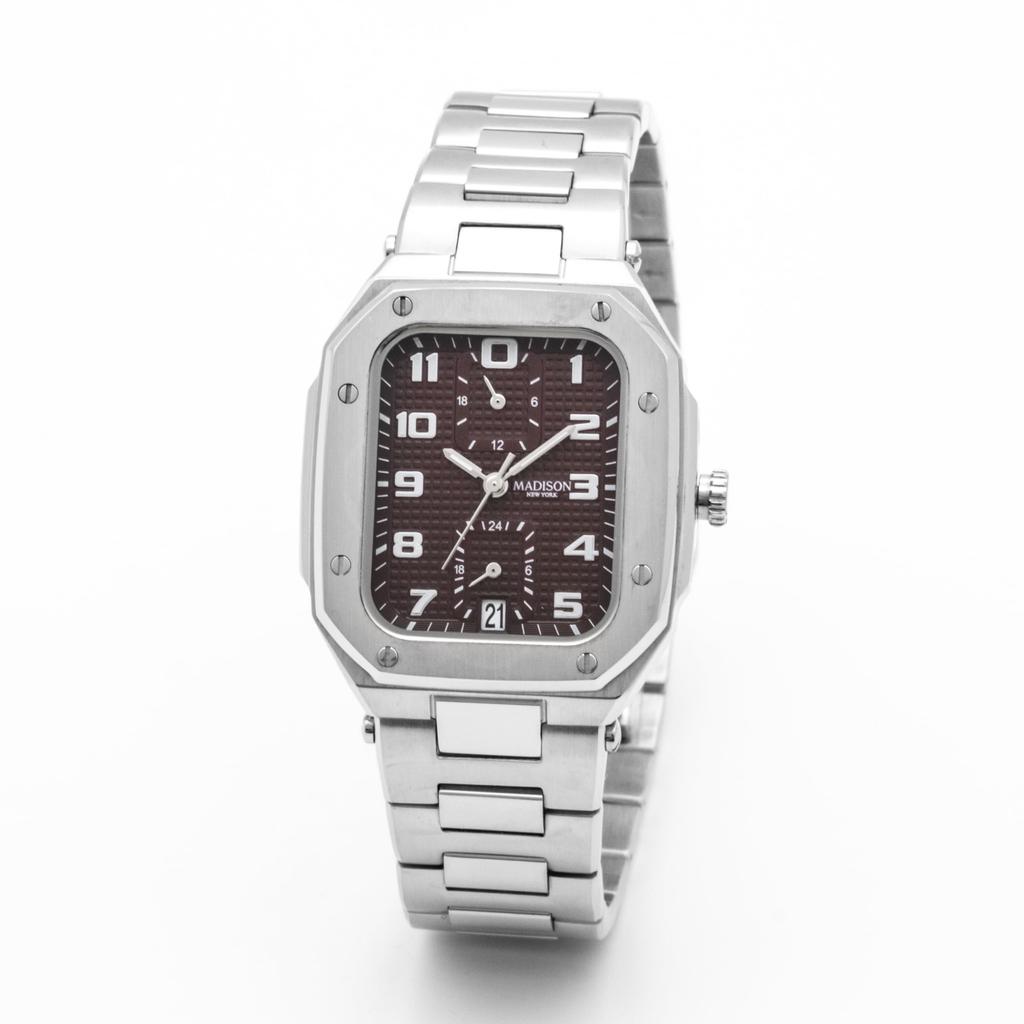 Часы 3 ATM Водонепроницаемые Madison New York Кварцевые с винно-красным циферблатом и ремешком из нержавеющей стали Fifth Avenue Мужские MA011012-5