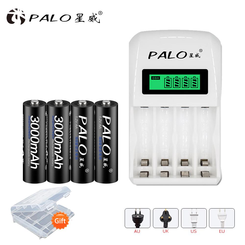 PALO Интеллектуальное зарядное устройство с ЖК-дисплеем на 4 слота для AA AAA NiCd NiMh с 4 перезаряжаемыми батареями AA