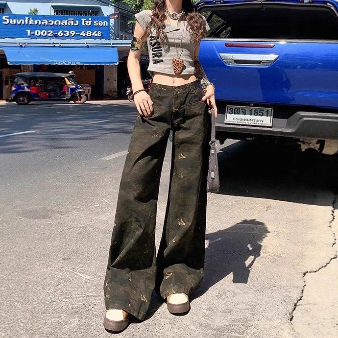 Женские камуфляжные брюки карго с высокой посадкой - Лето 2025, Легкие, Слим-фит, Джинсы прямого кроя