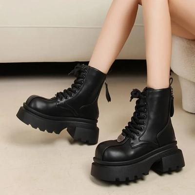 Мода 2024 года, новые туфли, женские ботинки на шнуровке, женские зимние ботинки в римском стиле с круглым носком, короткие, на платформе, с толстым каблуком, на молнии, модные ботинки