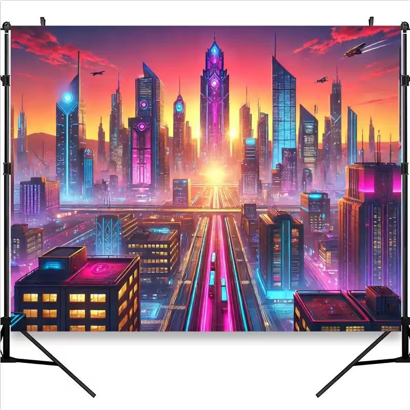 Futuristic Neon Sunset City Backdrop, Cyberpunk Aesthetic Background