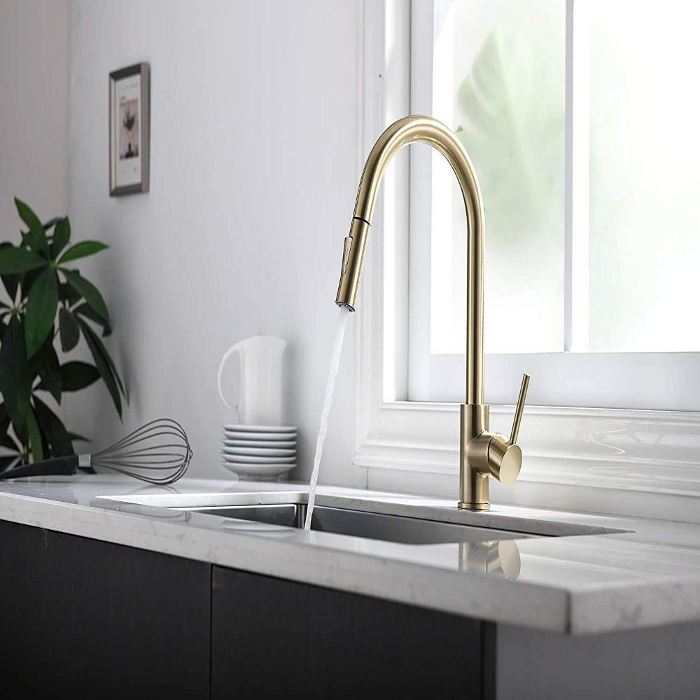 Кухонный смеситель из матового золота, головка распылителя 1,8 галлона в минуту, сменный блок, выдвижной распылитель, колонна, кухня