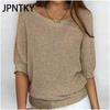 JPNTKY Женская мода Повседневный однотонный принт Осень Зима 3/4 рукав О-образный вырез свободные свитера