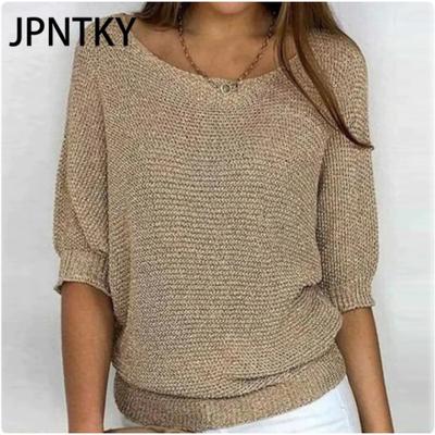 JPNTKY Женская мода Повседневный однотонный принт Осень Зима 3/4 рукав О-образный вырез свободные свитера