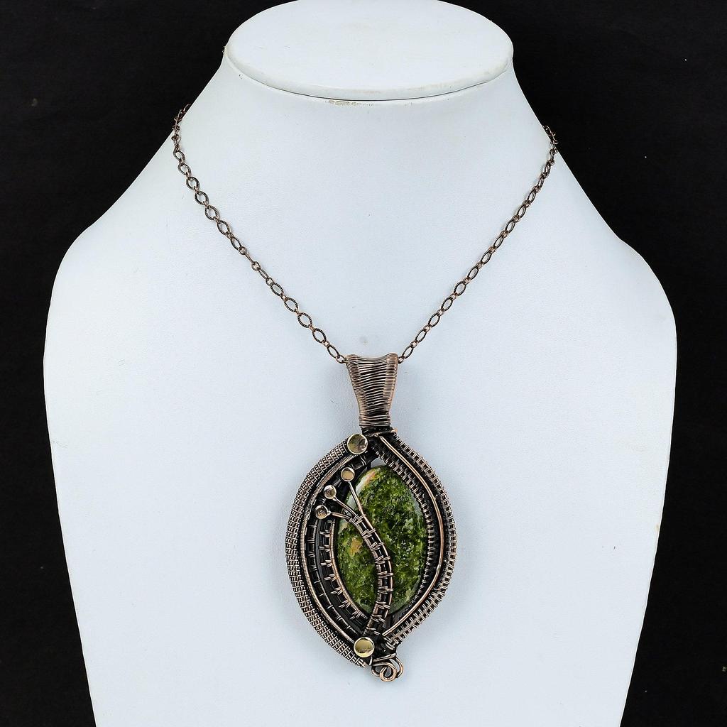 Унакитовый кулон Кулон из драгоценного камня, обернутый медной проволокой Дизайнерский кулон Элегантные украшения Кулон ручной работы Украшения, обернутые медной проволокой Свадебный подарок