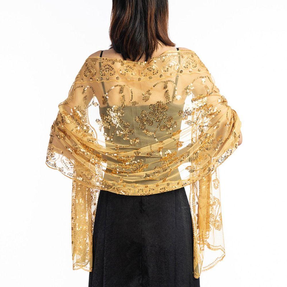 Sheer Embroidery Sequins Shawls Tulle Belly Dancing Scarf Shiny Tassel Wrap for Girl