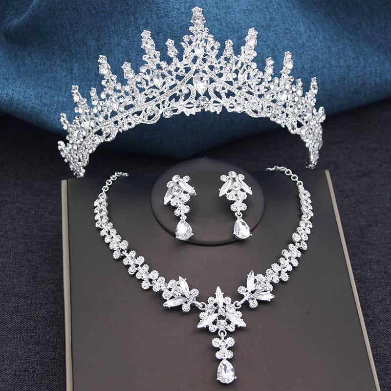 Серебряный цвет опалово-голубой свадебный комплект украшений для короны для женщин диадемы и серьги ожерелье комплект принцессы девушки выпускной подарок аксессуар