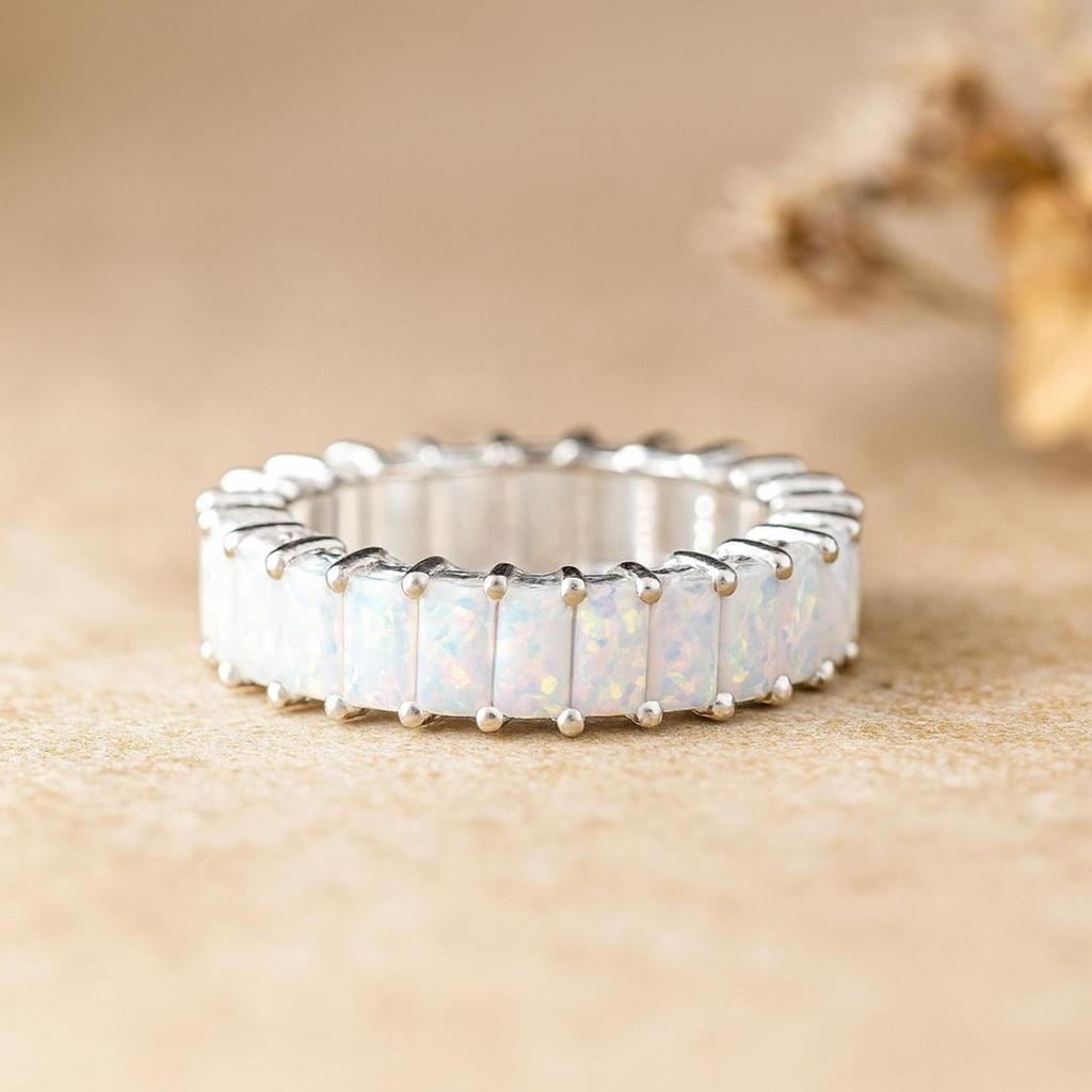 Кольцо-дорожка с багетными опалами из стерлингового серебра 925 пробы – Штабелируемое кольцо для свадьбы/юбилея, ювелирный подарок для женщин