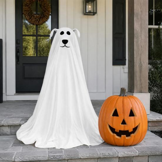 Cute Ghost Dog Figurine Lighted Halloween Decoration, Battery Operated Freestanding Spooky Porch Corner Decor with Remote And String Light for