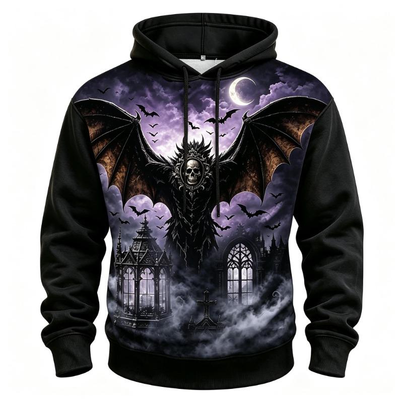 Men's Giant Bat Demon Gothic Castle Full Print Hoodie Halloween Long Sleeve Hooded Sweatshirt For Festival Wear