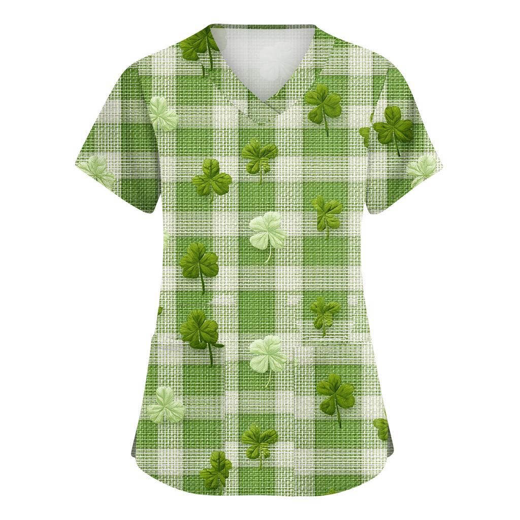 Ladies' St. Patrick Print Fashionable V-neck Pocket Short Sleeved Uniform And Caregiver Top