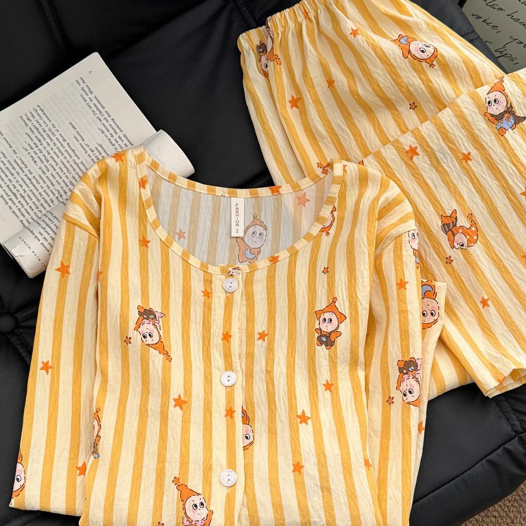 Japanese striped star girl pajamas spring and autumn round neck double long two-piece set student dormitory casual loungewear