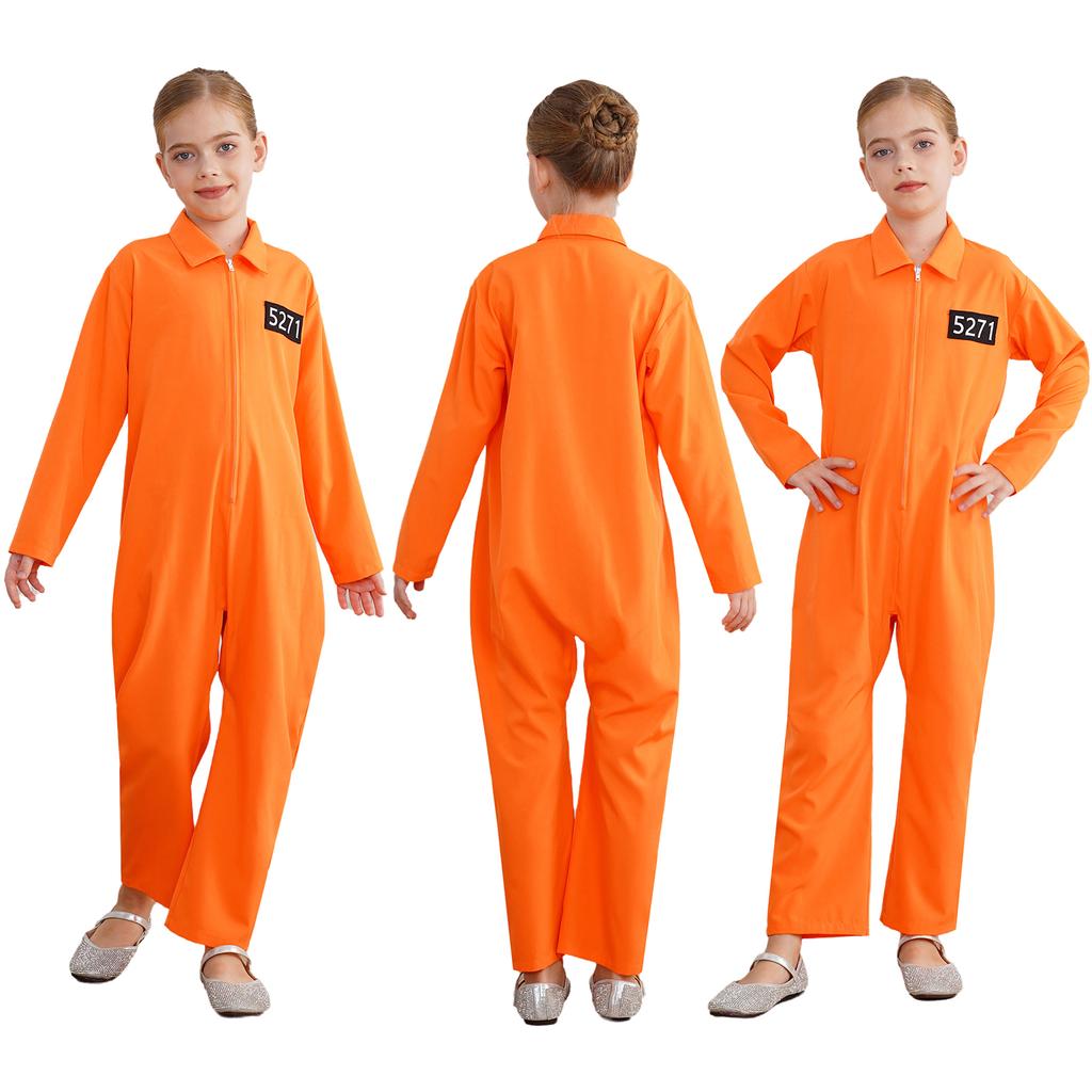Мальчики Девочки Костюм Косплей Заключенного Хэллоуин Оранжевый Комбинезон Заключенного Цельный Костюм Комбинезон Тюремная Униформа