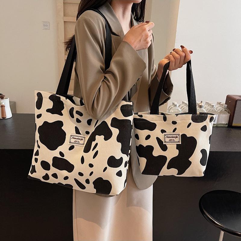 Модная вельветовая сумка-тоут с принтом коровы большой вместимости для женщин, многоразовая милая сумка через плечо для поездок на работу с молнией, складная сумка для покупок AVE