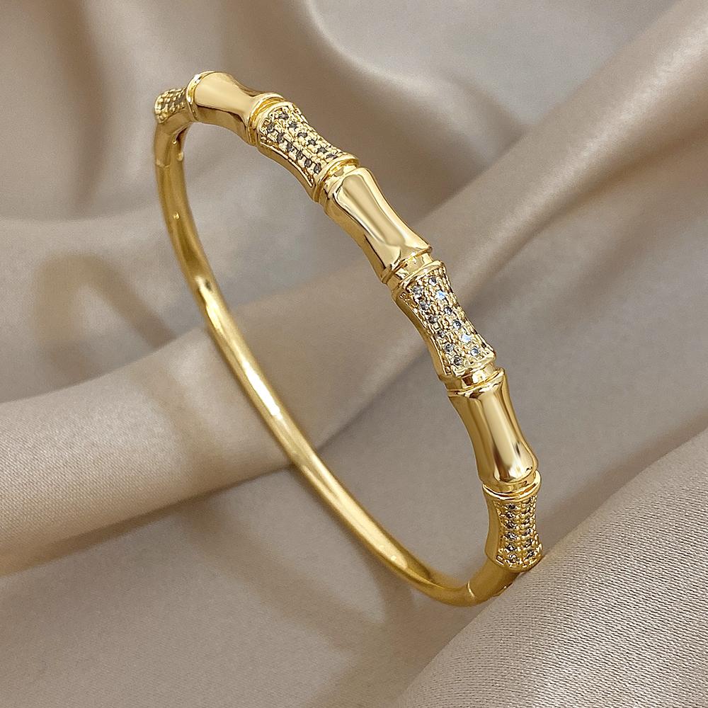 Flashbuy Gold Color Chic Inlaid Zircon Copper Bangle Bracelet For Women Statement New Design Temperament Wrist Fashion Zircon