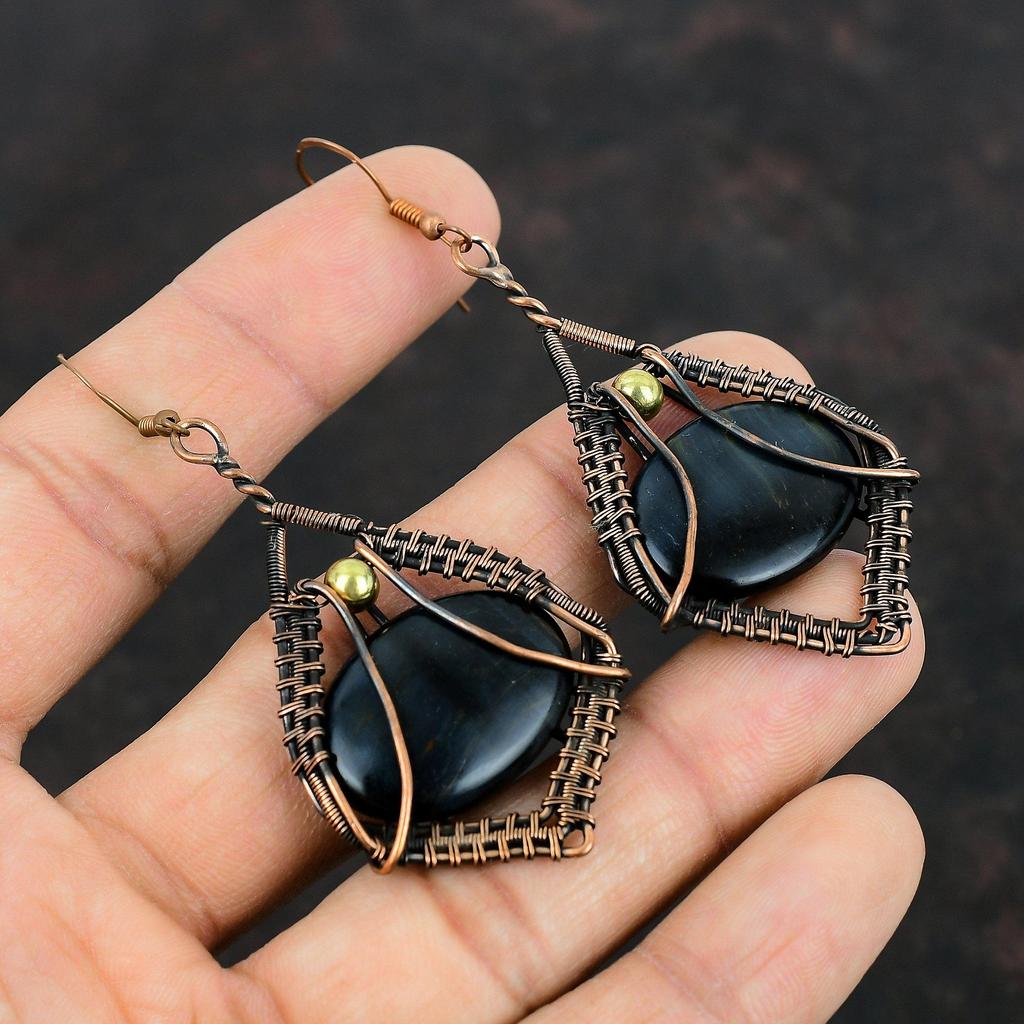 Серьги Pietersite, медная проволока, серьги ручной работы, медные украшения, уникальные серьги, серьги с драгоценными камнями, подарки для женщин, ювелирные изделия, завернутые в проволоку