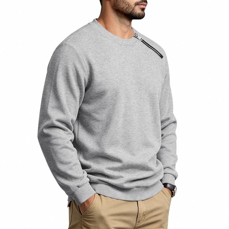 American Style Fleece Warm Loose Crew Neck Slant Zip Casual Sweatshirt