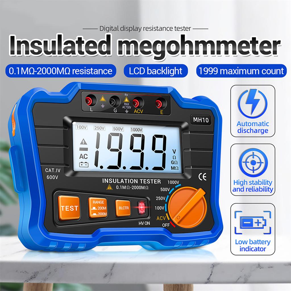 Insulation Resistance Tester 100V 250V 500V 1000V Resistance Tester with LCD Backlight Digital Display Screen