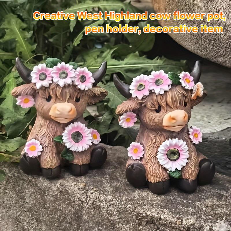 §Pastoral Style Highland Cow Resin Flower Pot Multifunctional Creative Ornament Valentine's Day Gift Home Desktop Decor