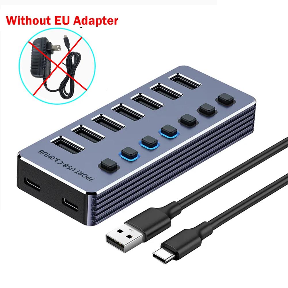 Питаемый USB-хаб 10-портовый разветвитель-розетка с несколькими слотами USB 3.0, вилка, ключ-выключатель, док-станция, сетевой адаптер для ноутбука
