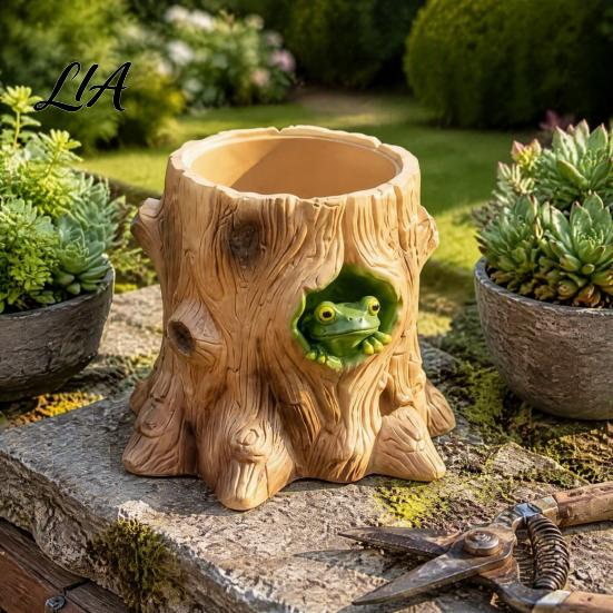 Office Desk Storage Holder Frog Tree Tube, 3D Printed Realistic Stump Container, Forest Style Decor Functional Pen for Supplies And Makeup Brushes