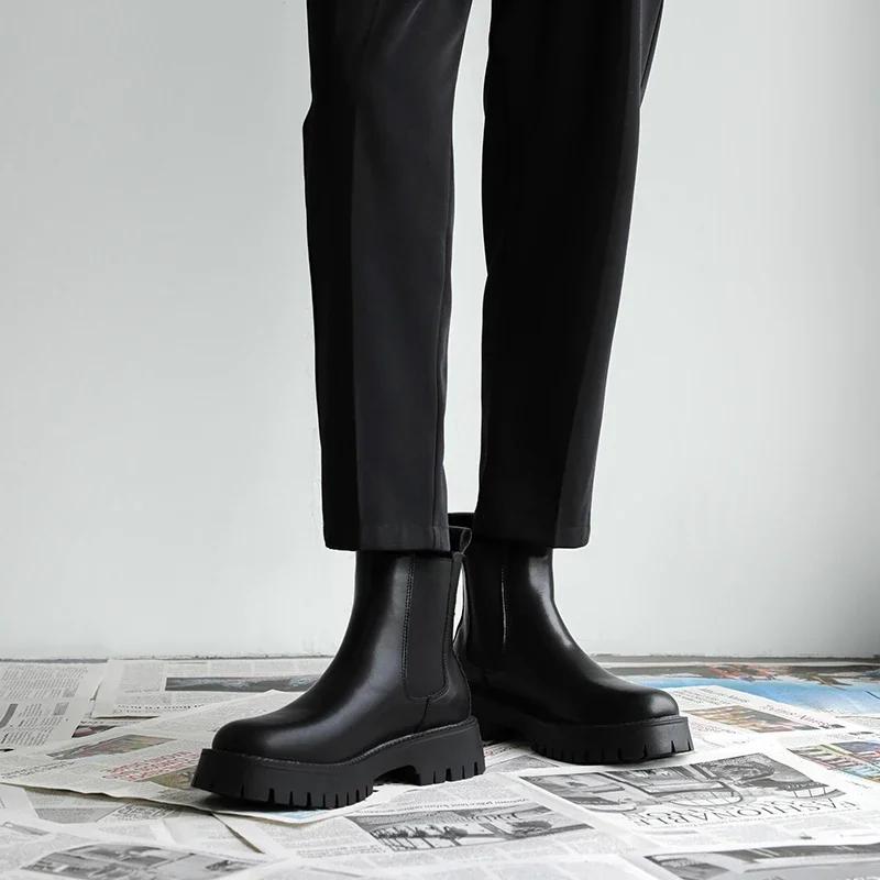 Уличные кожаные мужские ботинки без застежек на платформе, роскошные брендовые мужские зимние плюшевые ботинки для снега, модные универсальные мужские ботинки для мотокросса