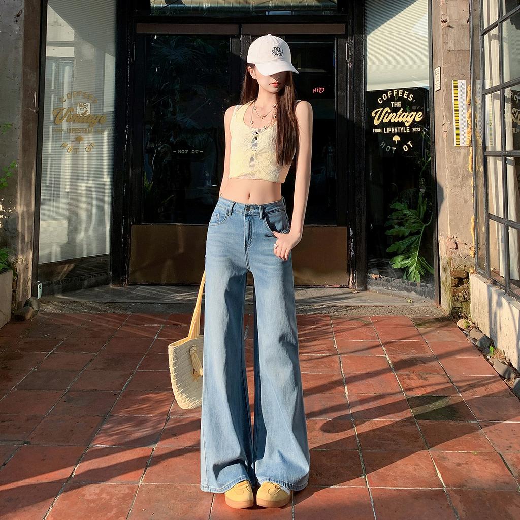 Retro blue sky silk not sticky legs slightly pulled jeans women's summer thin high waist loose and thin wide leg flared pants