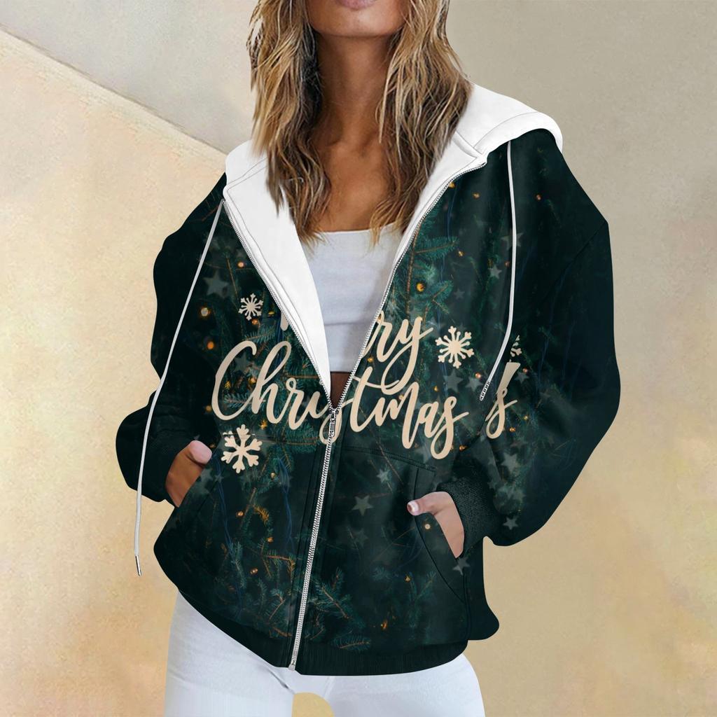 Женская модная повседневная толстовка с рождественским принтом и длинными рукавами, карманная куртка, пальто с капюшоном на молнии