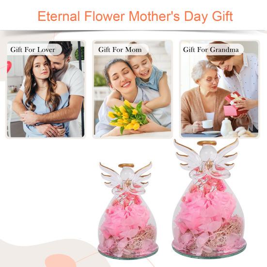 Preserved Rose Decoration Preserved Flowers In Glass Angel Figurine Clear Guardian Angel Keepsake Gift for Women Mom Wife Birthday Wedding Anniversary