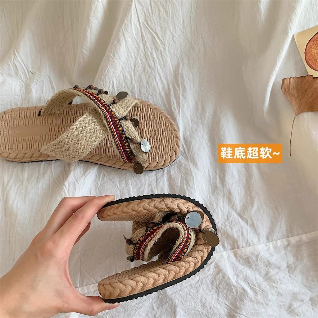 Summer Imitation Straw Weaving Flat Heel Sandals Wearing Hemp Bottom One-word Beach Fashion Trend