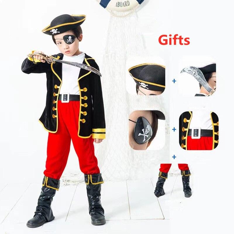 Kids Pirate Costume Carnival Set with Hat, Eye Patch, and Boot Covers - Premium Fabric - Red/Black - 7-8 Years/120-130 cm