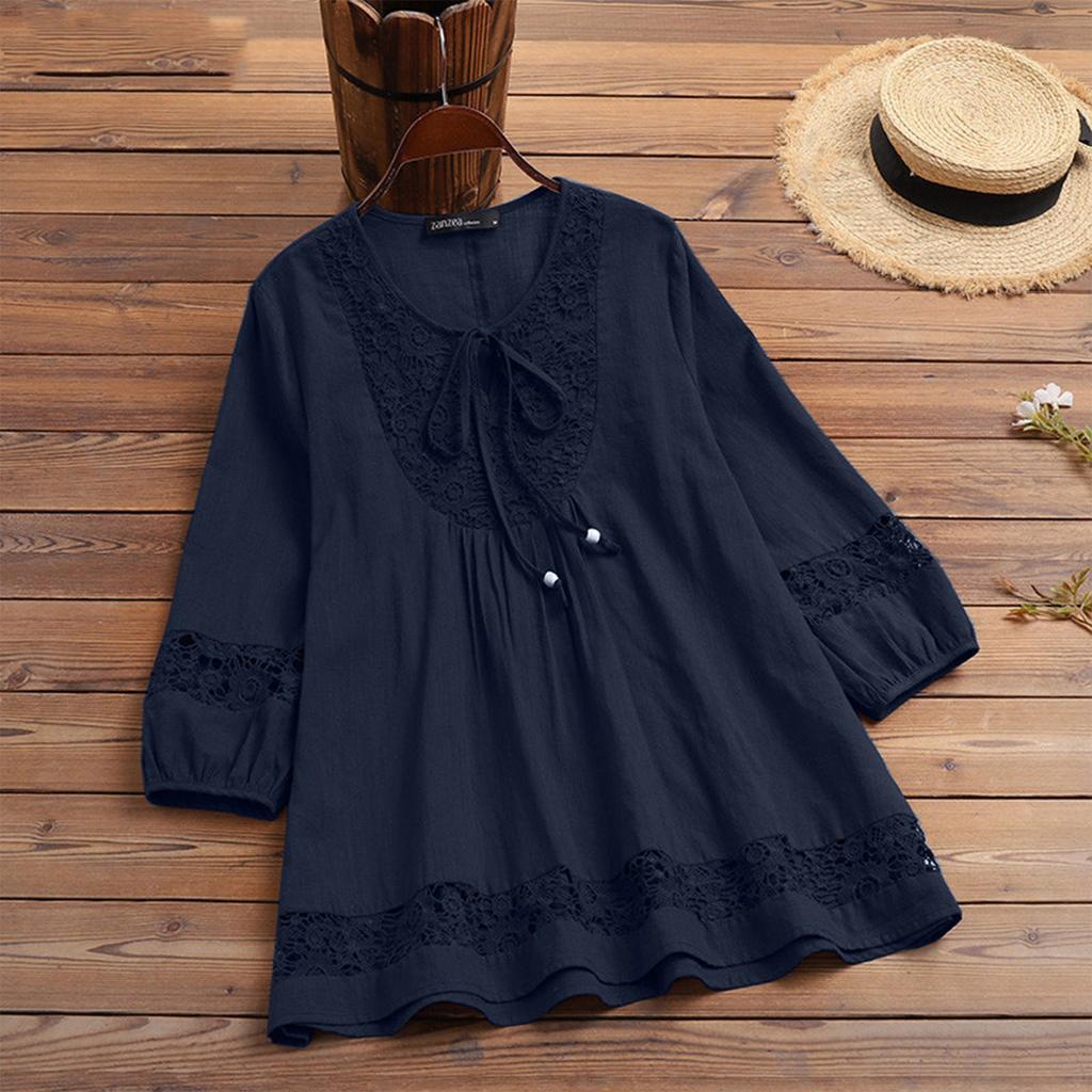 Women's Fashion Casual Loose Pleated Lace Hollow O-Neck Blouse Top