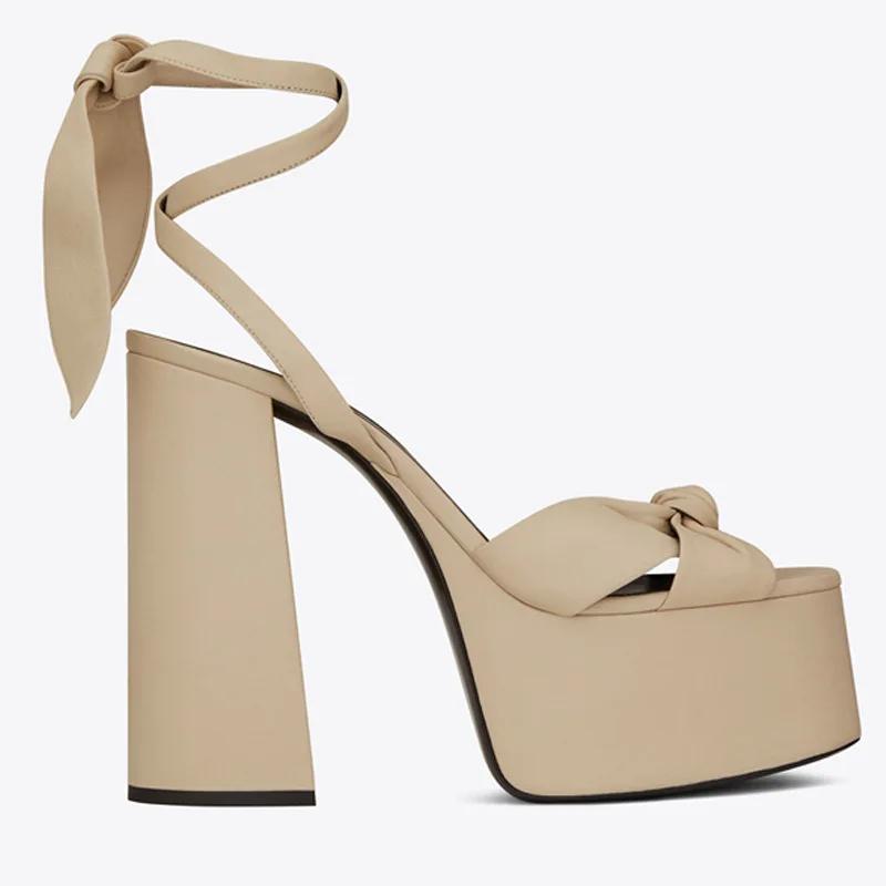 Модные босоножки на высоком каблуке с толстой платформой, женские летние босоножки с рыбьим ртом, женские туфли на высоком каблуке с бантом и ремешком на щиколотке для косплея