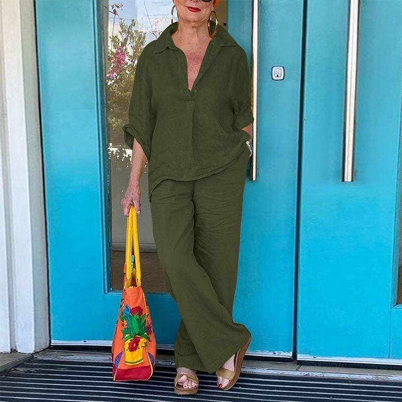 Весна и лето Большие размеры Женские комплекты из хлопка и льна из двух предметов Спортивный брючный костюм с блузкой и рукавом 3/4