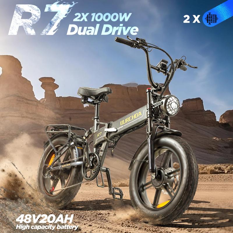 BURCHDA Электровелосипед R7 с двойным мотором 48В 20Ач 20" на толстых покрышках Ebike Вездеход Внедорожный Велосипед для взрослых Запас хода 80 км