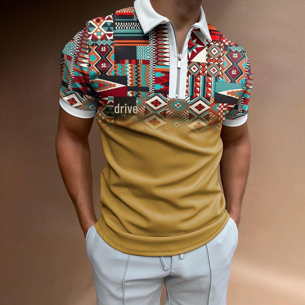 Рубашка-поло в полоску и клетку на молнии 2022 года: Повседневный свитер с короткими рукавами