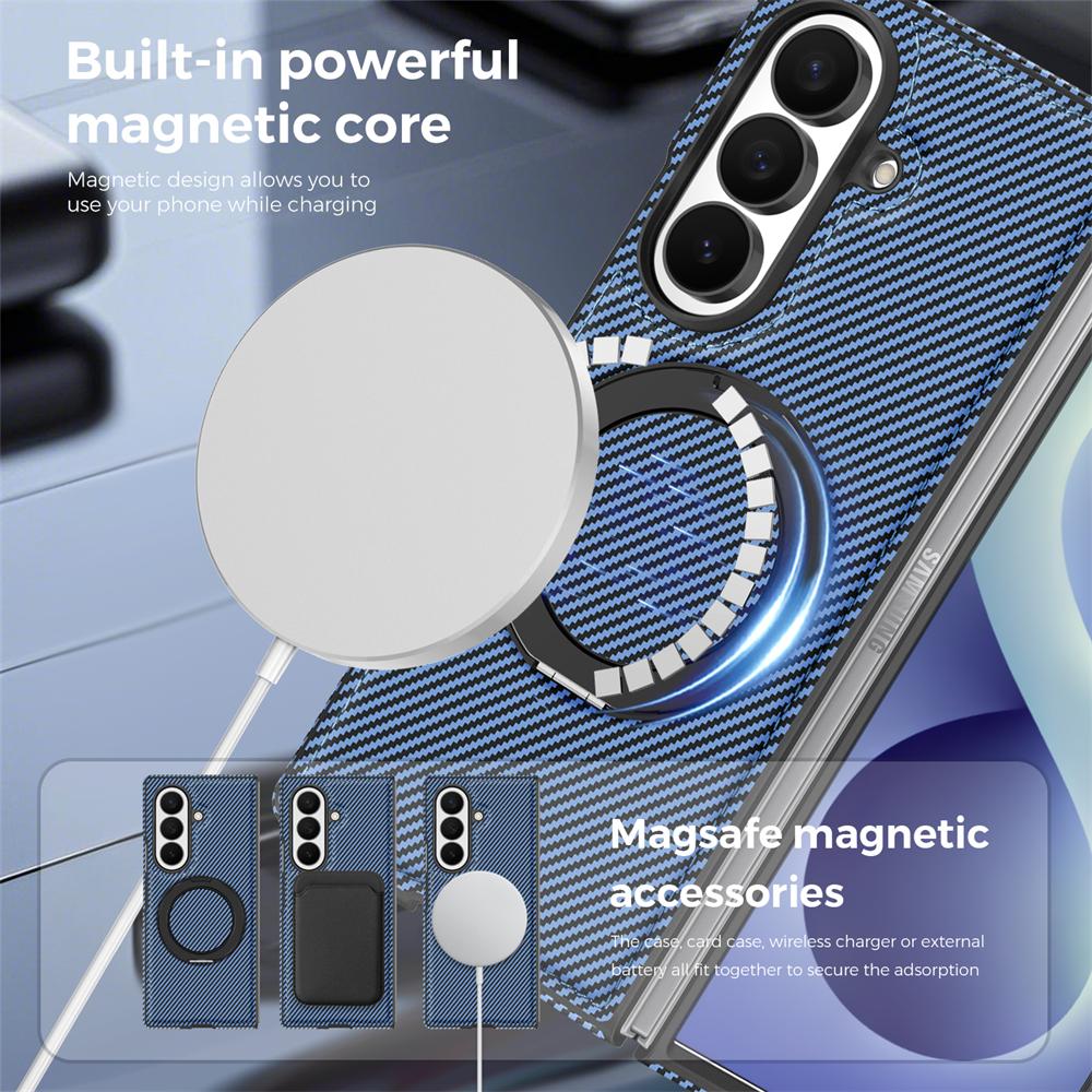 360°Rotatable Ring Stand Carbon Fiber Texture Magnetic Leather Case for Samsung Galaxy Z Fold 8 Ultra 7 6 Shockproof Cover
