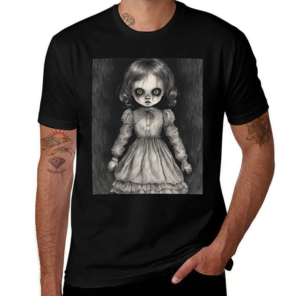 Creepy Doll In The Shadows Of Darkness Tshirt Basic Simple Design Short Sleeve Shirt Tshirt