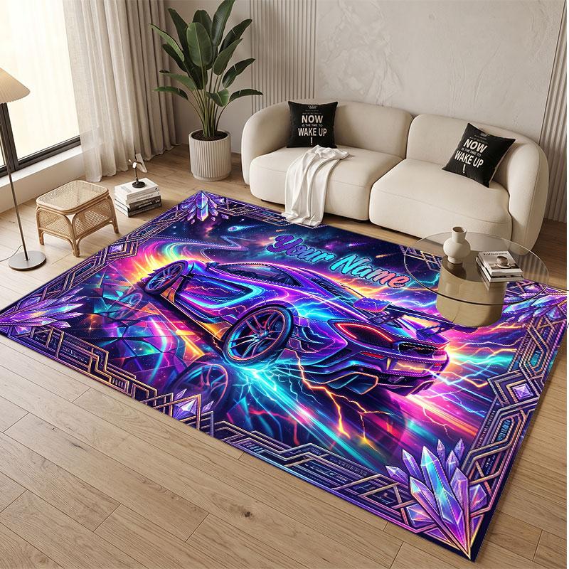 Car Racing Theme Soft Crystal Velvet Rug Custom Name & Text Print Non Slip Floor Rug for Bedroom Living Room