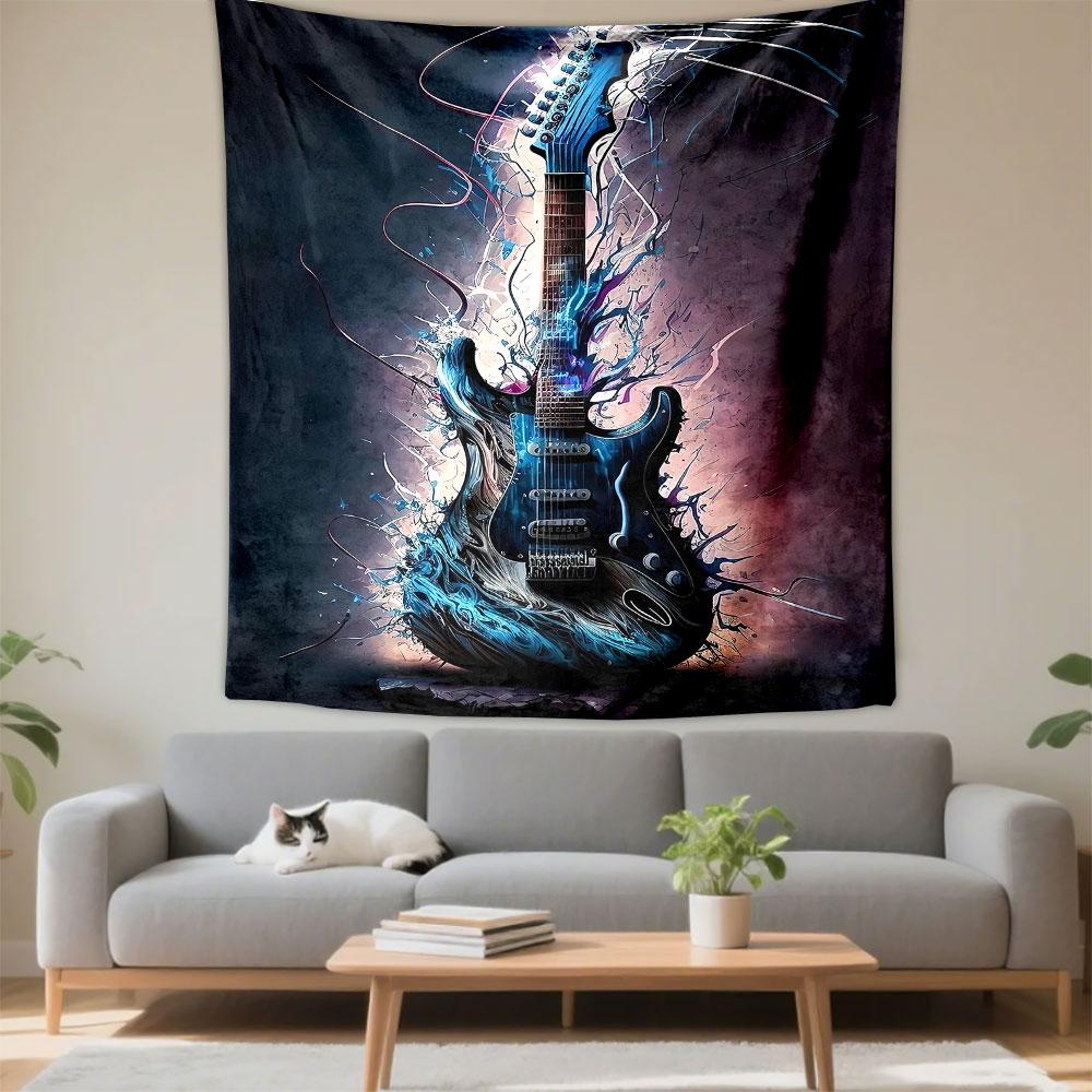 Tapestry Wall Hanging Electric Blue Guitar Dissolving into Energy Swirl Dark Rock Music Art Decor for Music Room Studio Man Cave Gift