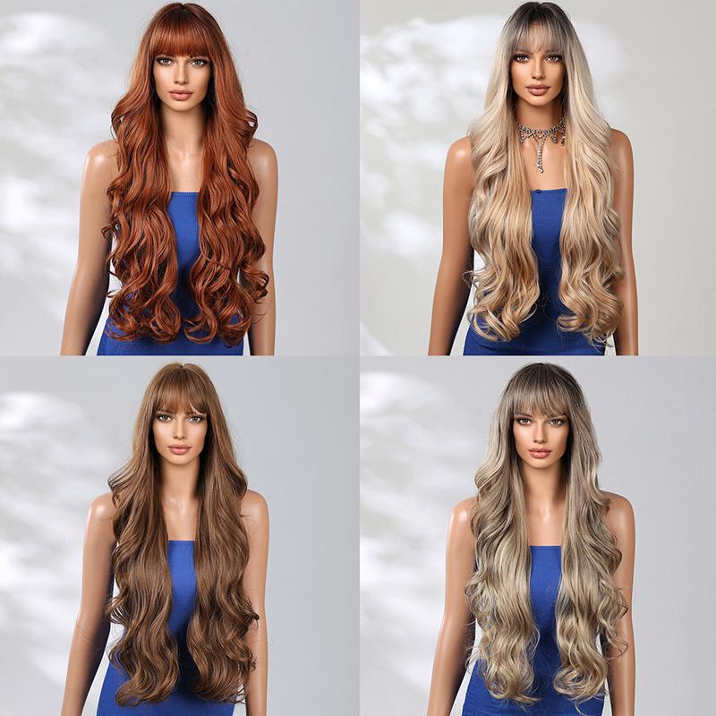 Long Wavy Wig with Curtain Bangs for Women Synthetic Hair Heat Resistant Fiber Daily Cosplay
