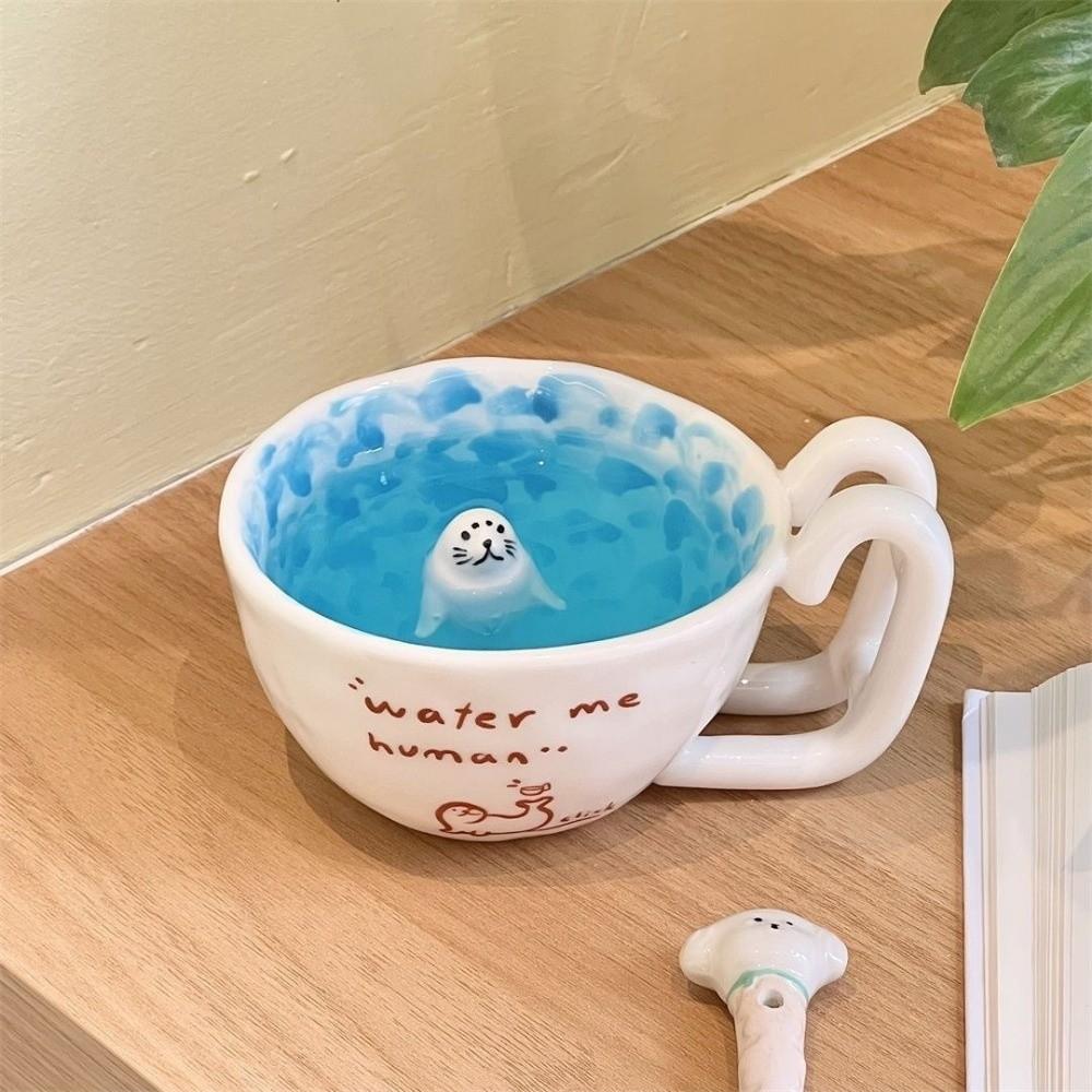 3D Figure Seal Swimming Pool Ceramic Mug Ceramic Coffee Cup Cartoon Milk Anime Themed Cup Bowl